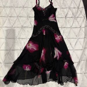 Asymmetrical Beaded Fairycore Whimsigoth Floral Midi Dress Sz M midnight Velvet